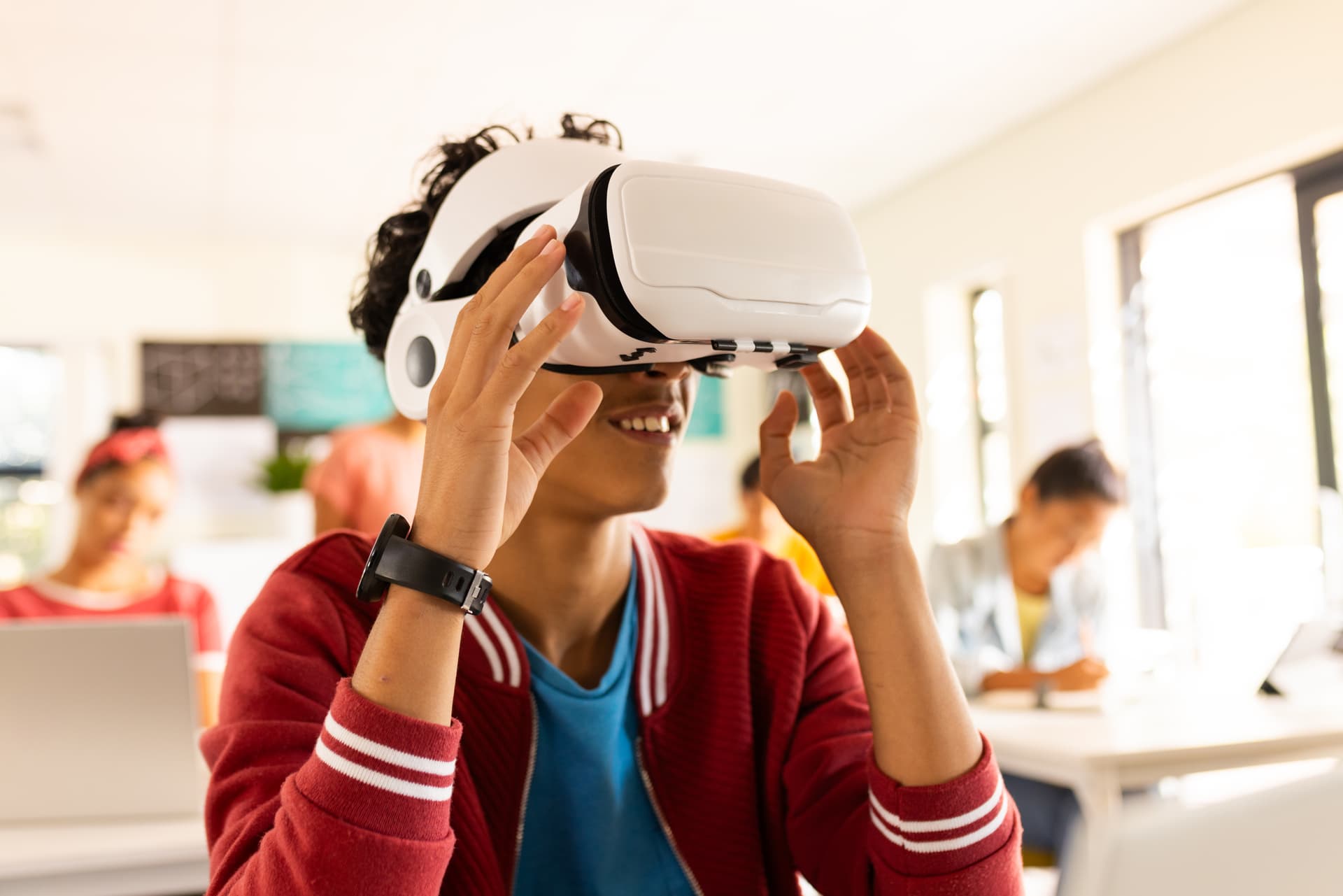 Student using VR headset in classroom
